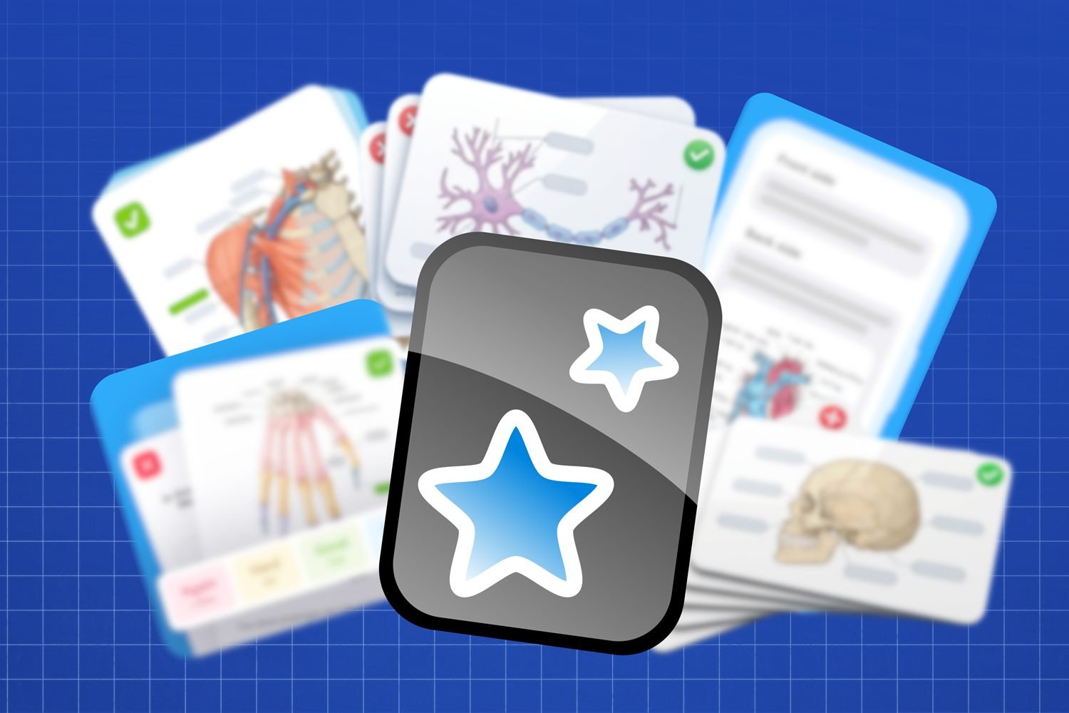 Baraja de flashcards de MedCore con diagramas de anatomía y el sistema de repetición espaciada