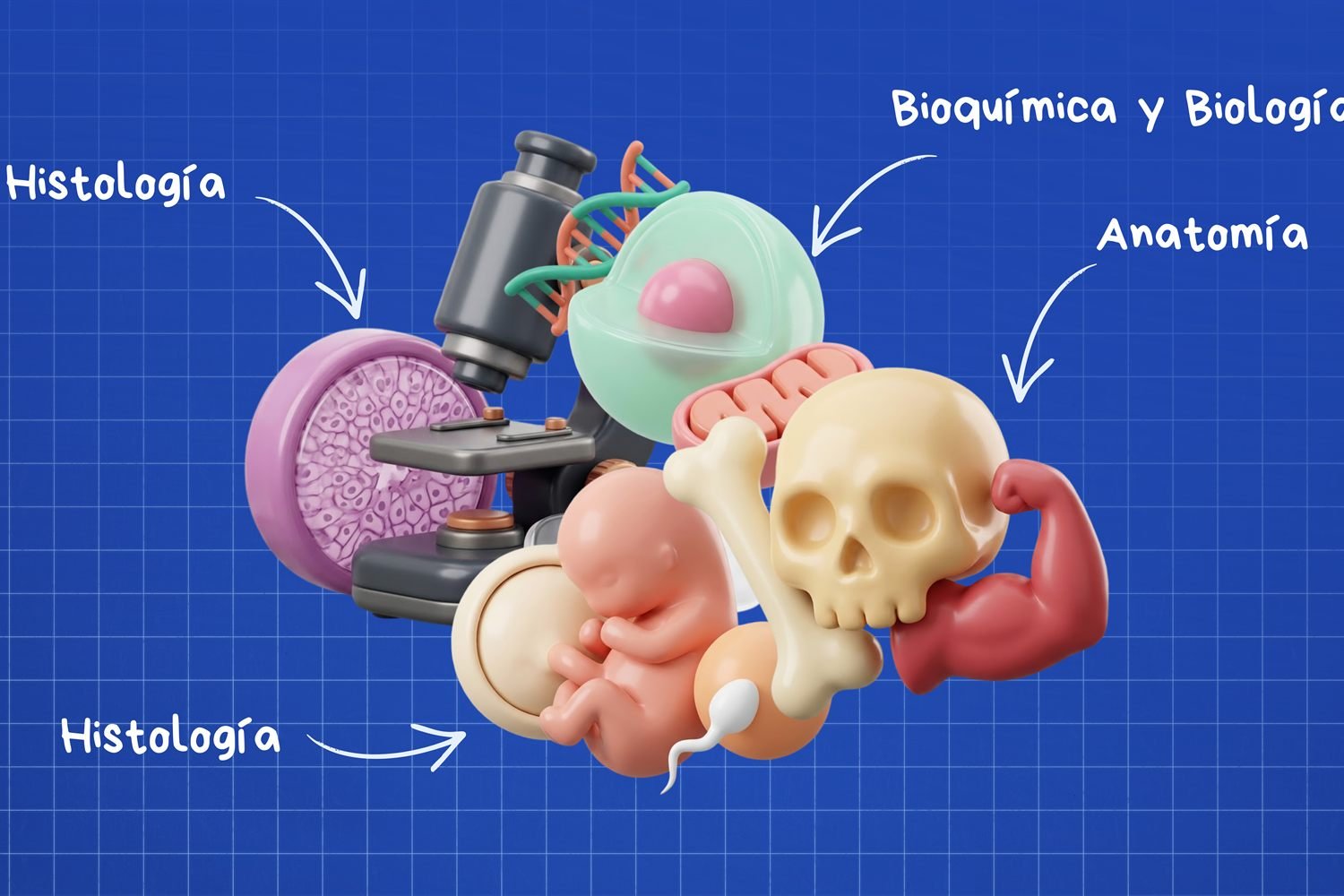 Med Basics de MedCore: iconos 3D de anatomía, histología, embriología, bioquímica y biología celular