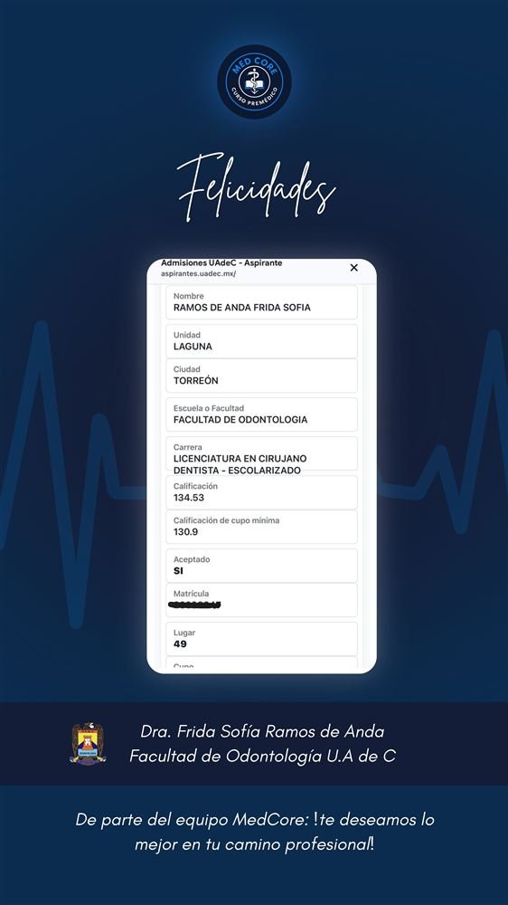 Comprobante de admisión de Frida Sofía Ramos de Anda, Facultad de Odontología UAdeC